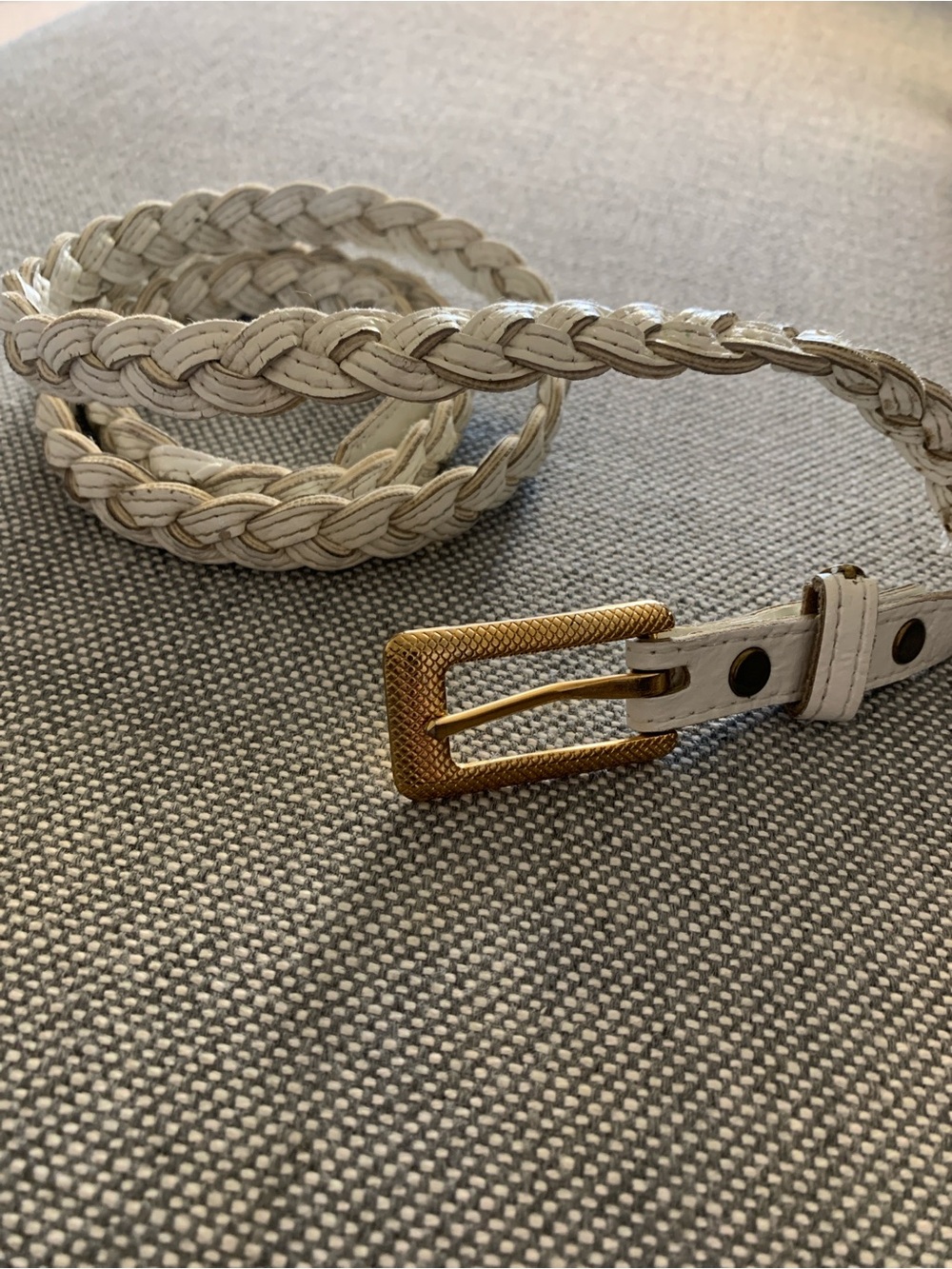 Braided White Leather Belt with Brass Gold Buckle 34”